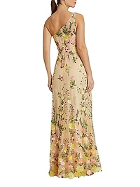 One-Shoulder Floral Embroidered Gown