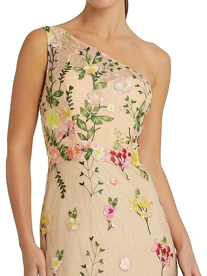 One-Shoulder Floral Embroidered Gown