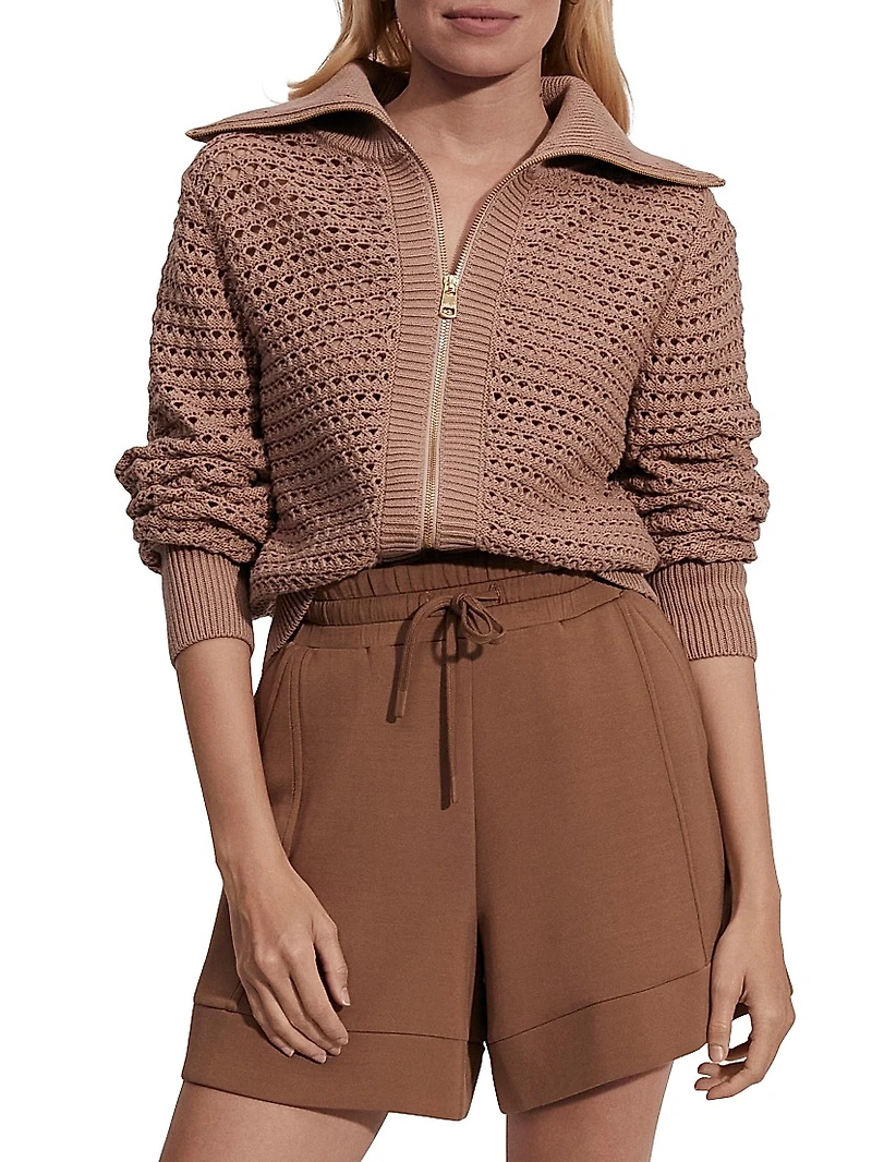 Eloise Cotton Open-Knit Zip Cardigan