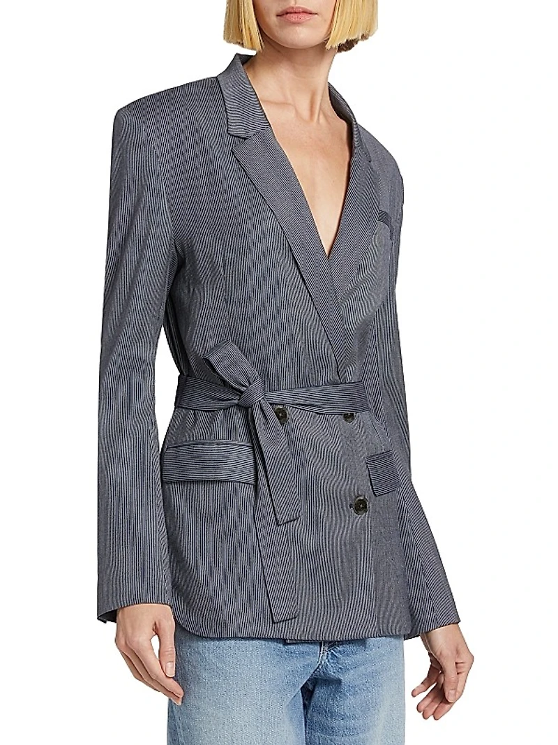 Smoking Wool-Blend Tie-Waist Double-Breasted Blazer