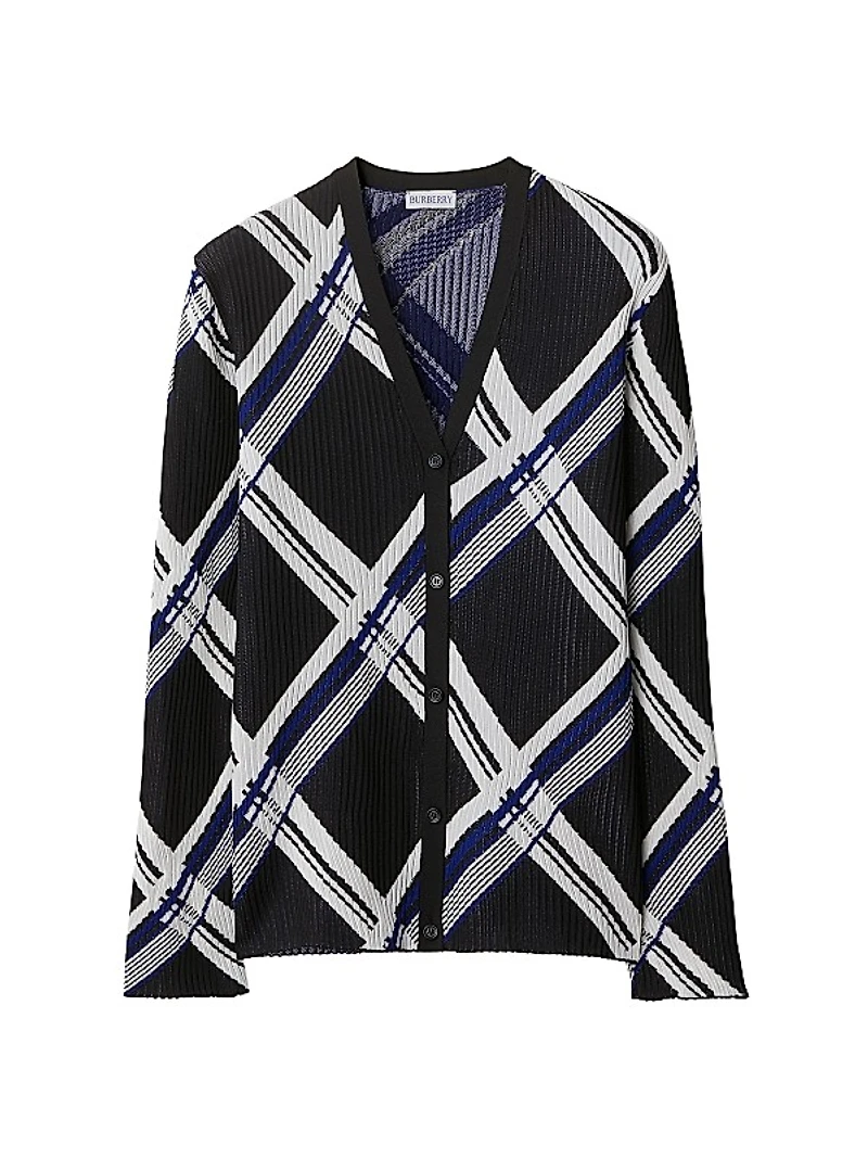 Check Rib-Knit Silk Cardigan