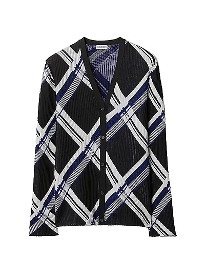 Check Rib-Knit Silk Cardigan