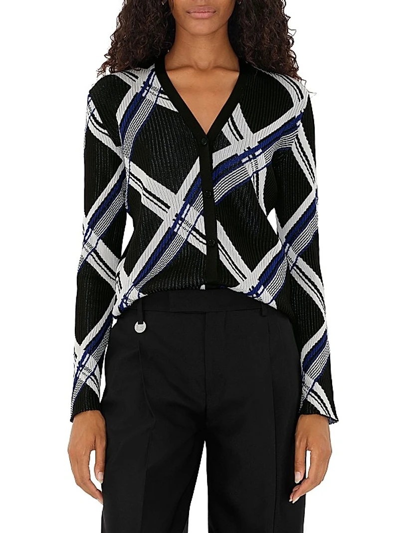 Check Rib-Knit Silk Cardigan