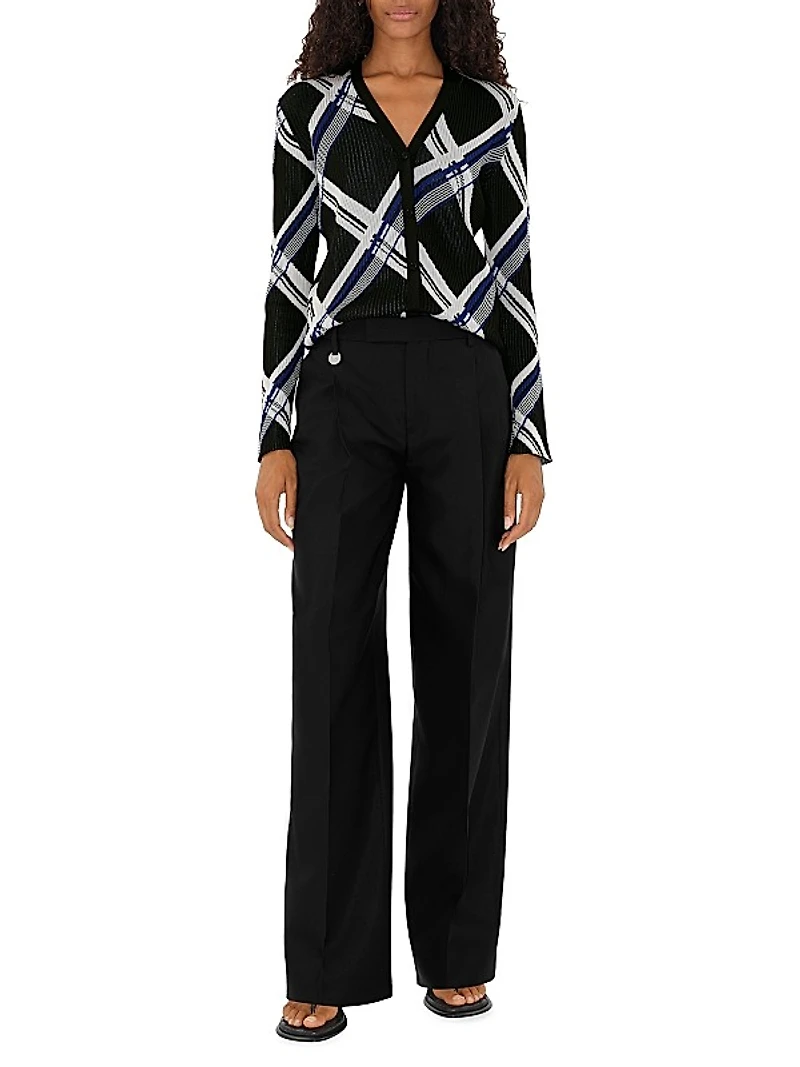 Check Rib-Knit Silk Cardigan
