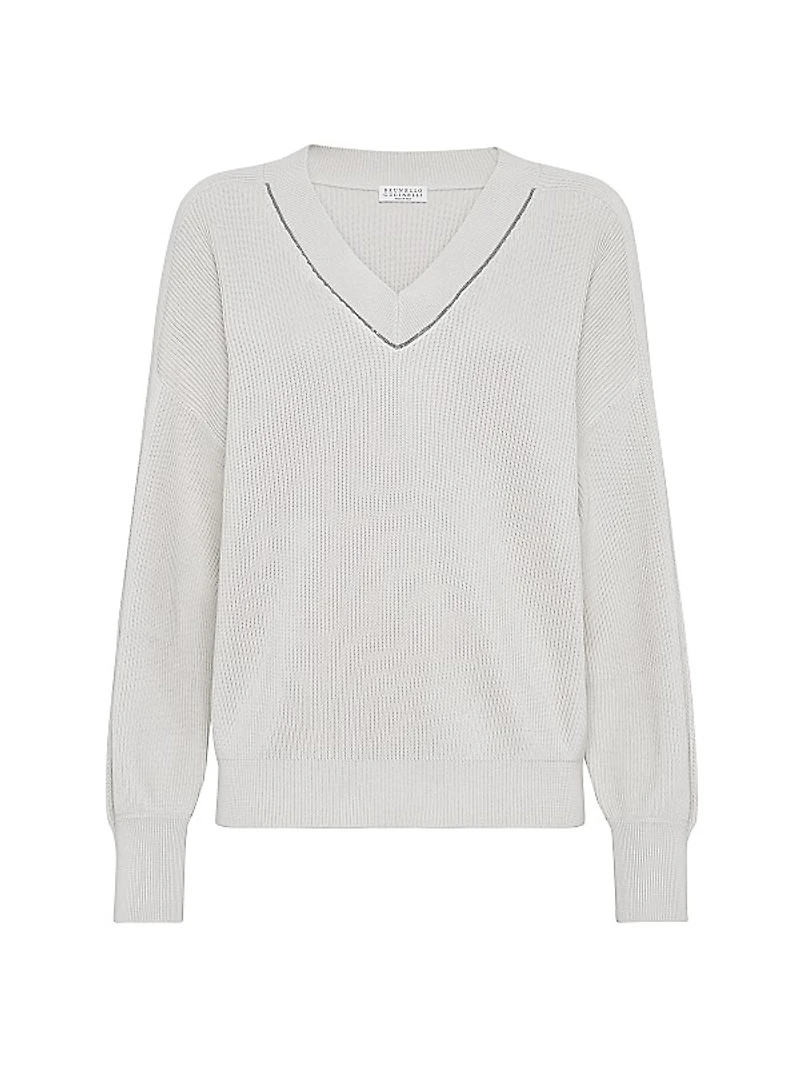 Cotton English Rib Sweater With Shiny Neckline