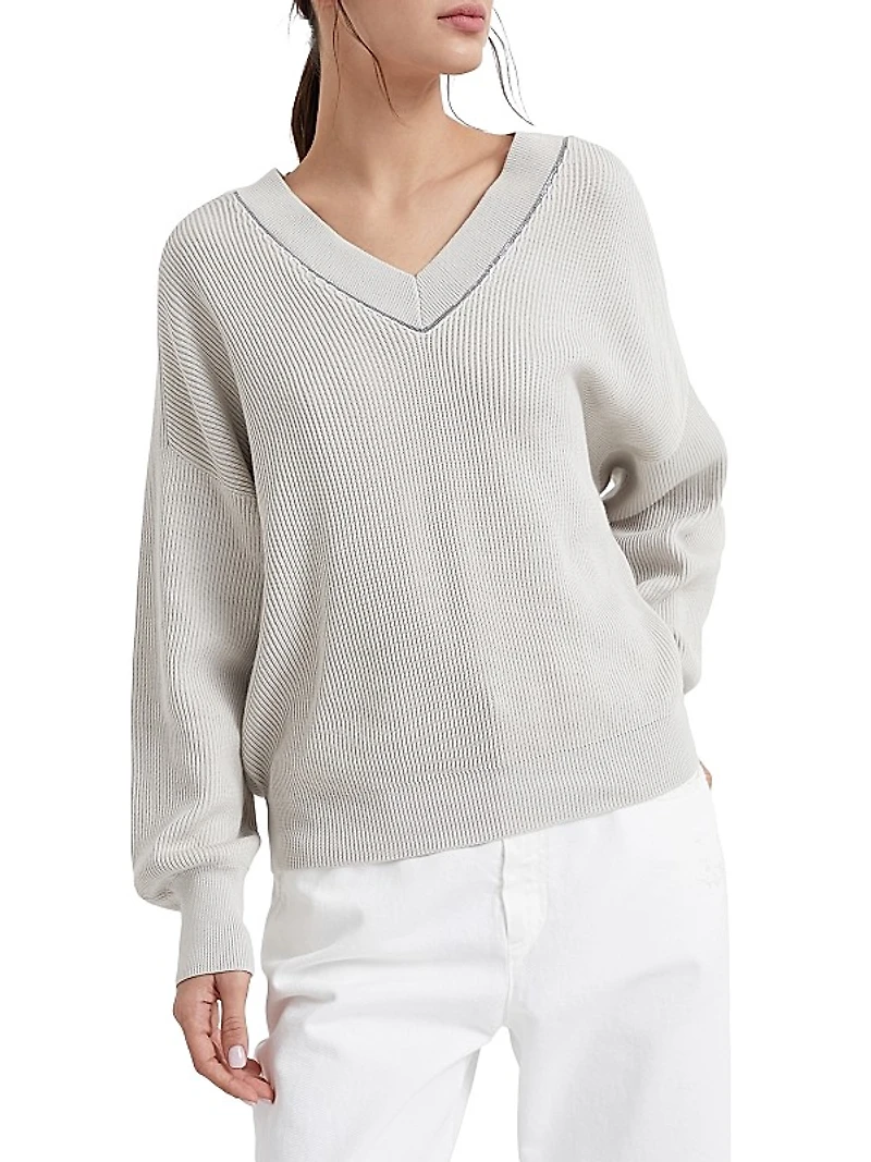 Cotton English Rib Sweater With Shiny Neckline