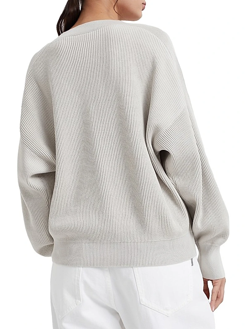 Cotton English Rib Sweater With Shiny Neckline