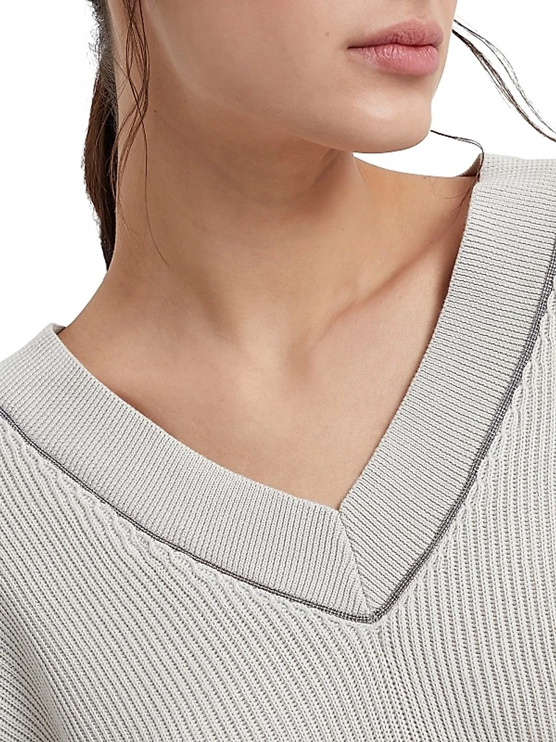 Cotton English Rib Sweater With Shiny Neckline