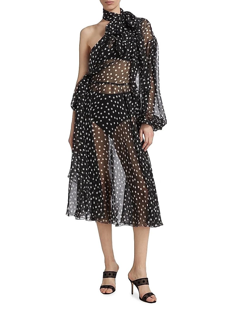 Sheer Polka Dot Chiffon Silk One-Shoulder Midi Dress