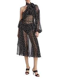Sheer Polka Dot Chiffon Silk One-Shoulder Midi Dress