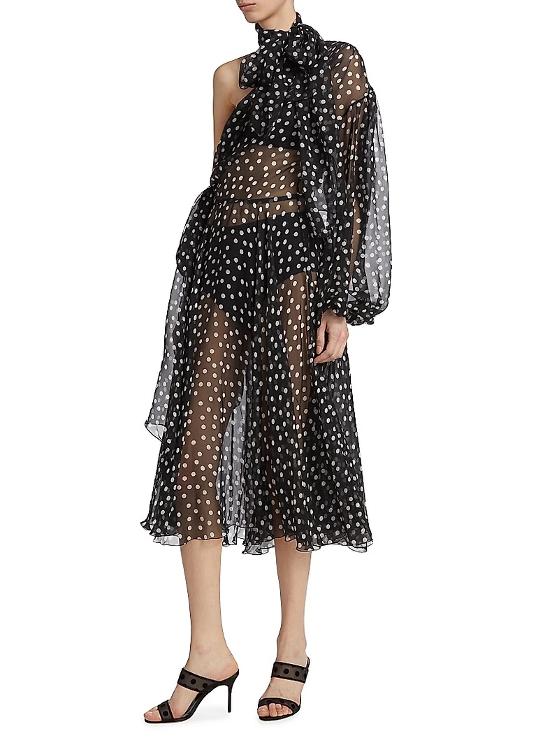 Sheer Polka Dot Chiffon Silk One-Shoulder Midi Dress