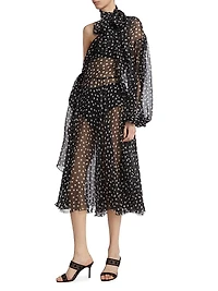 Sheer Polka Dot Chiffon Silk One-Shoulder Midi Dress