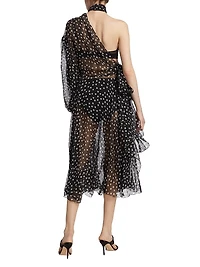 Sheer Polka Dot Chiffon Silk One-Shoulder Midi Dress