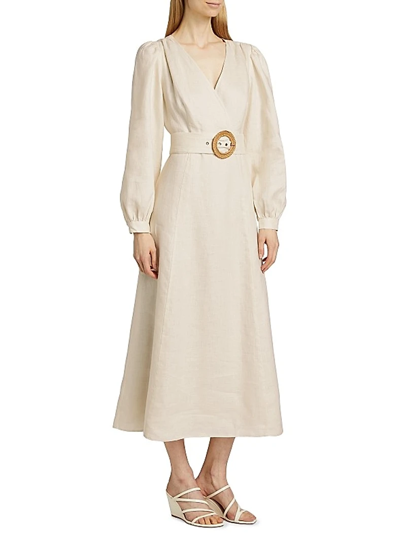 Evelle Linen Tie-Waist Midi-Dress