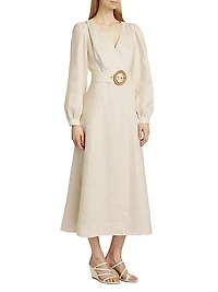Evelle Linen Tie-Waist Midi-Dress