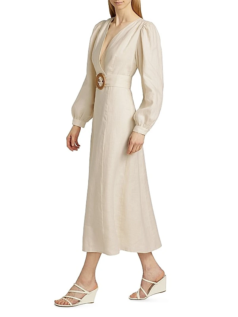 Evelle Linen Tie-Waist Midi-Dress