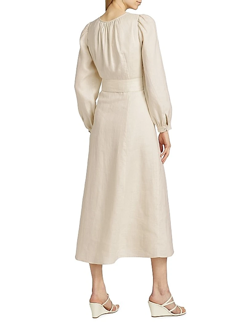 Evelle Linen Tie-Waist Midi-Dress