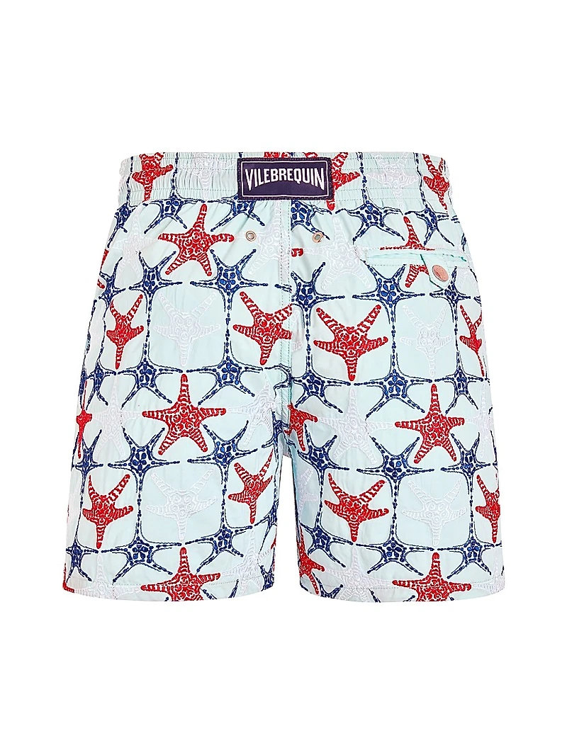 Starfish-Embroidered Swim Trunks