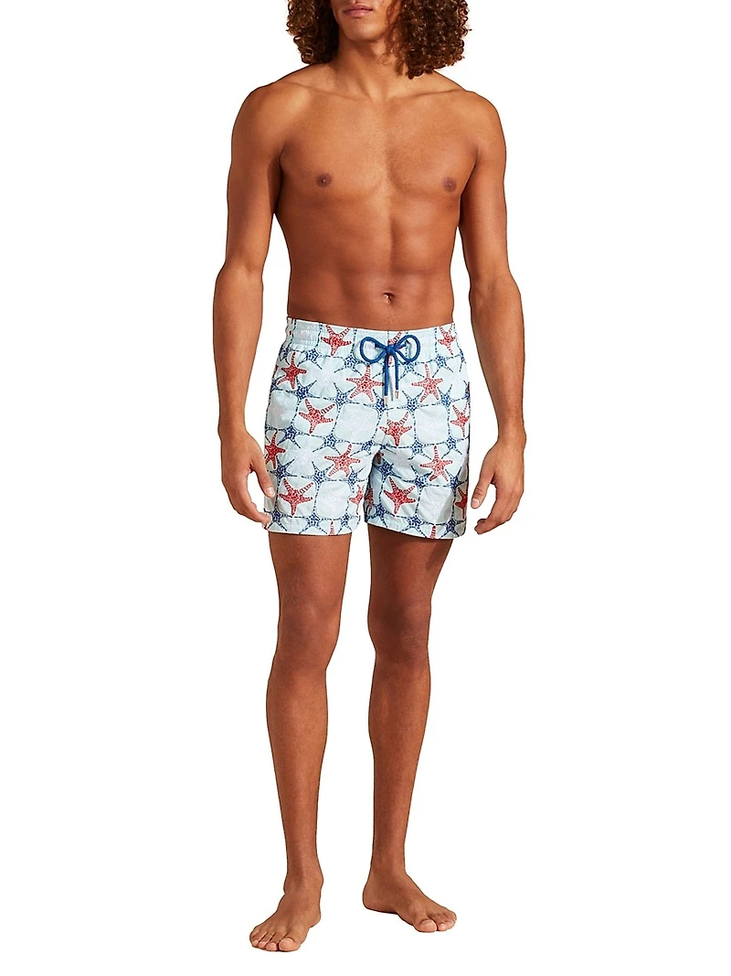 Starfish-Embroidered Swim Trunks