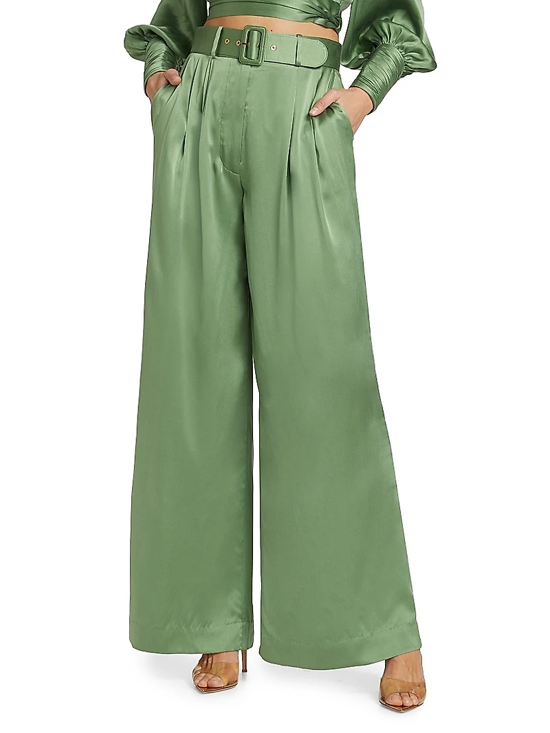 Tuck Wide-Leg Silk Pants