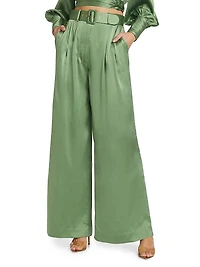 Tuck Wide-Leg Silk Pants