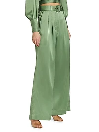 Tuck Wide-Leg Silk Pants