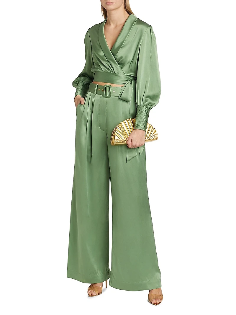 Tuck Wide-Leg Silk Pants