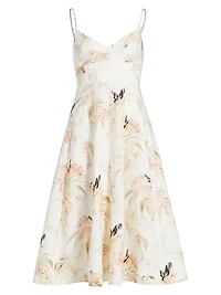 Bird-Print Linen Fit & Flare Midi-Dress