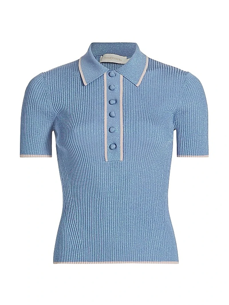 Metallic Rib-Knit Short-Sleeve Polo Sweater