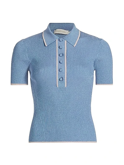 Metallic Rib-Knit Short-Sleeve Polo Sweater