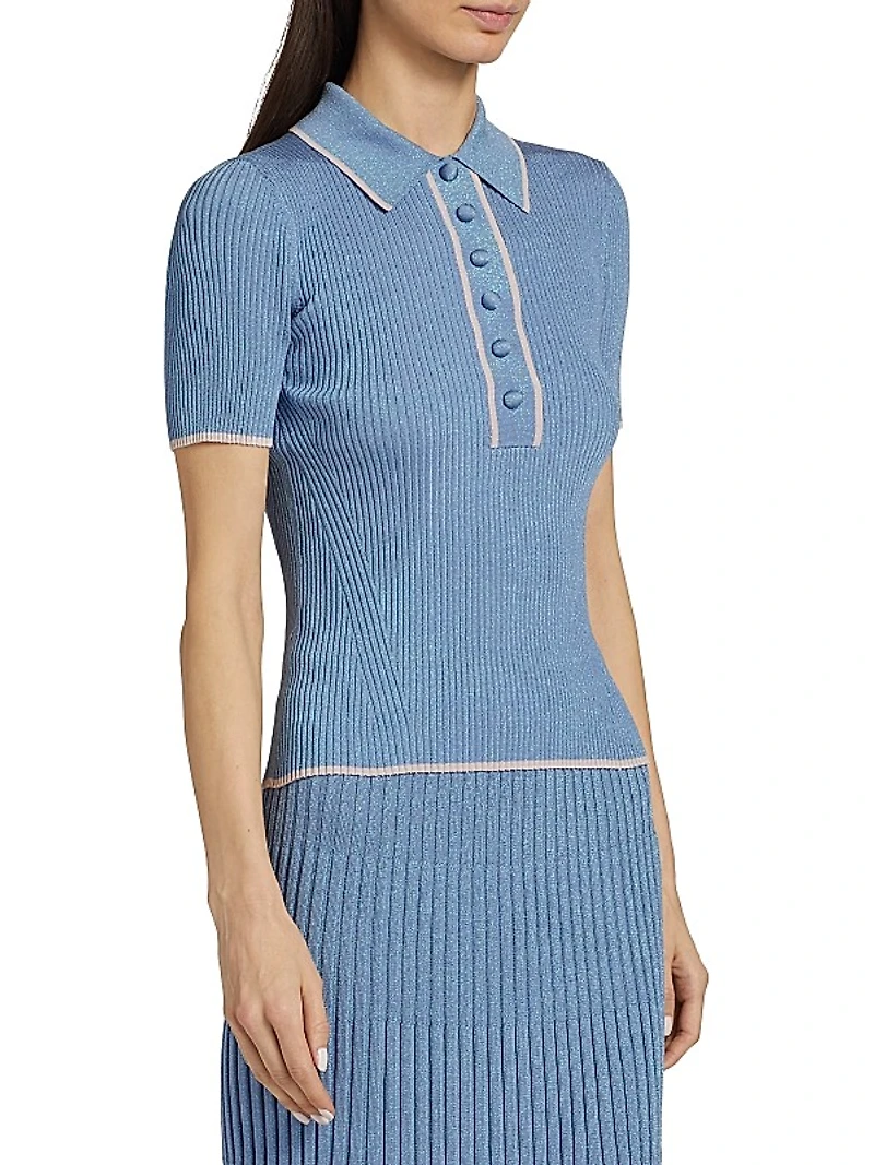Metallic Rib-Knit Short-Sleeve Polo Sweater