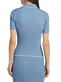 Metallic Rib-Knit Short-Sleeve Polo Sweater