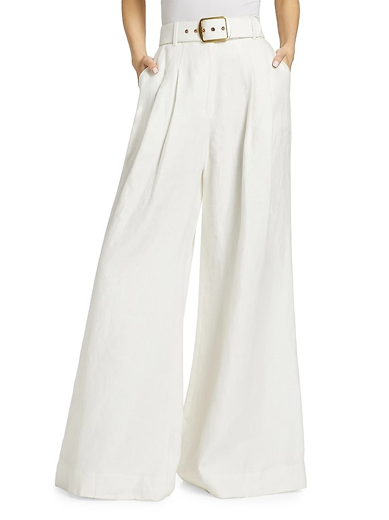 Linen Belted Wide-Leg Pants