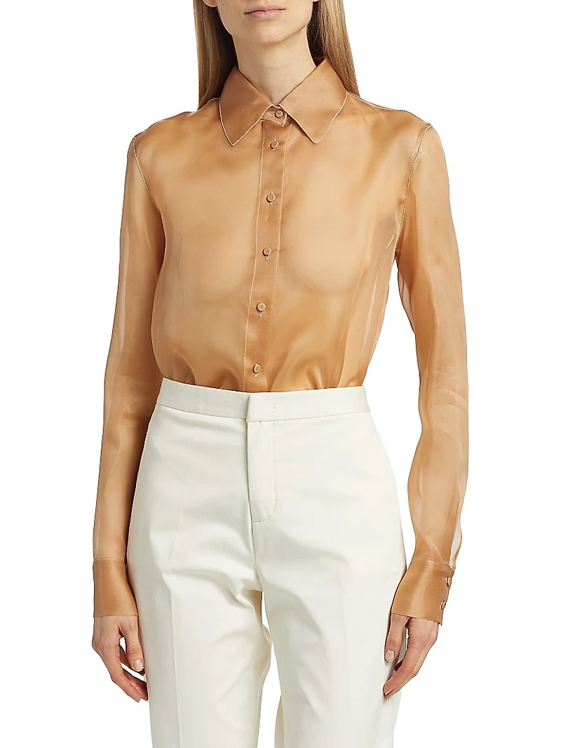 Diamanté-Embellished Semi-Sheer Silk Long-Sleeve Shirt