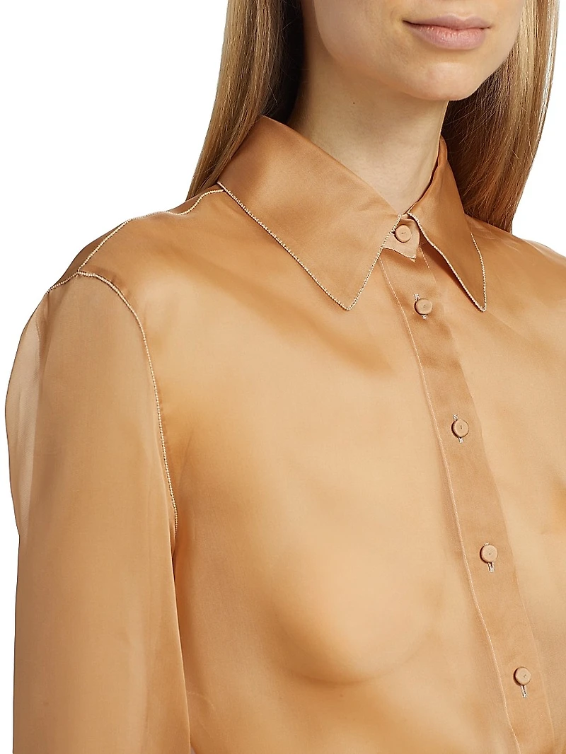 Diamanté-Embellished Semi-Sheer Silk Long-Sleeve Shirt