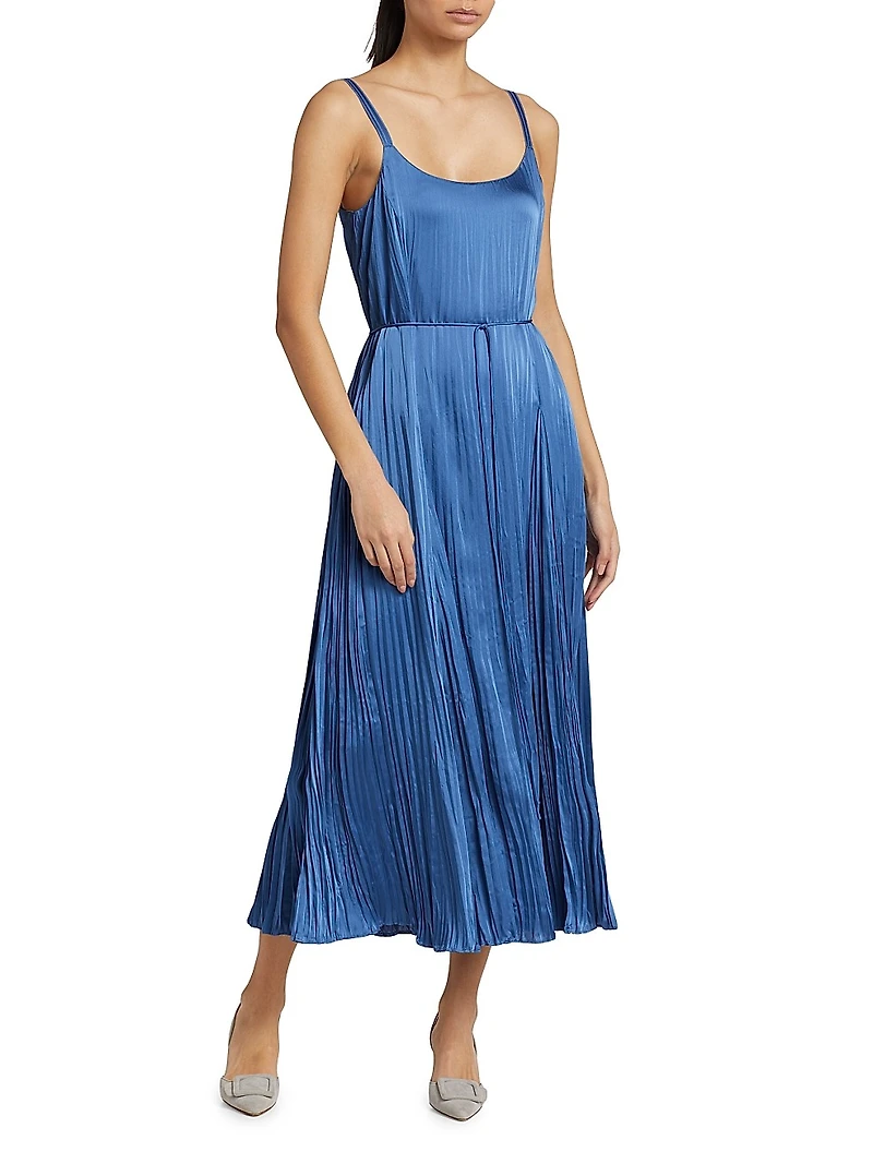 Crushed Satin Pleated Tie-Waist Slip Midi-dress