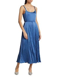 Crushed Satin Pleated Tie-Waist Slip Midi-dress