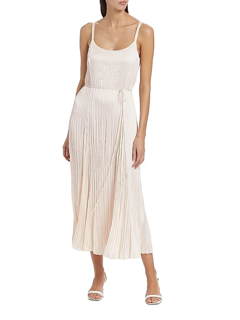 Crushed Satin Pleated Tie-Waist Slip Midi-dress
