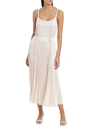 Crushed Satin Pleated Tie-Waist Slip Midi-dress