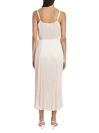 Crushed Satin Pleated Tie-Waist Slip Midi-dress
