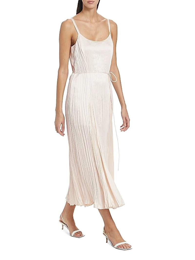 Crushed Satin Pleated Tie-Waist Slip Midi-dress
