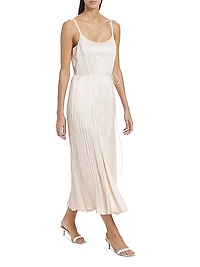 Crushed Satin Pleated Tie-Waist Slip Midi-dress
