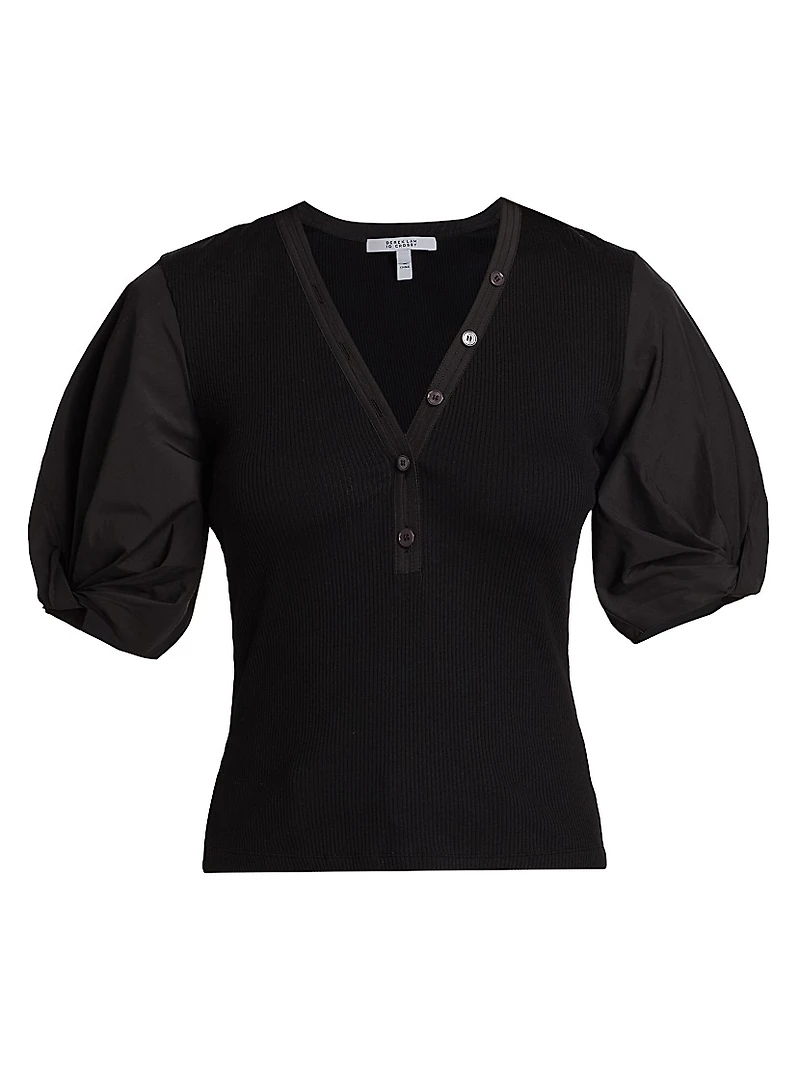 Fallon Cotton-Blend Ribbed Puff-Sleeve Blouse