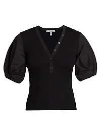 Fallon Cotton-Blend Ribbed Puff-Sleeve Blouse