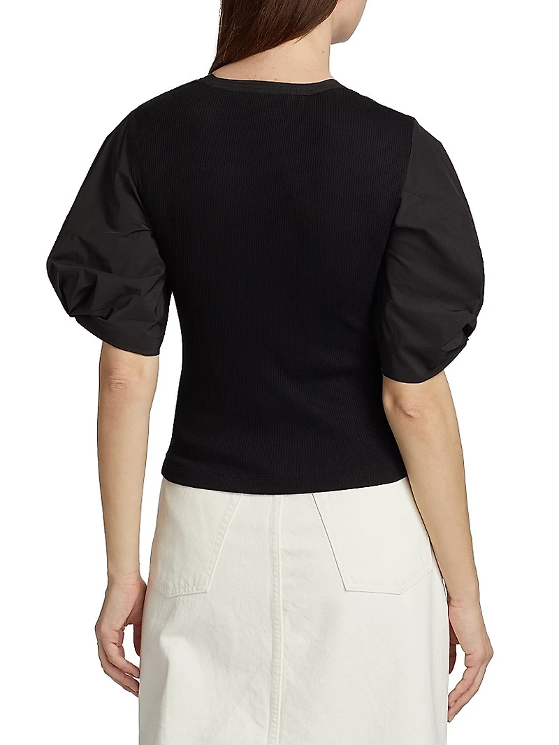Fallon Cotton-Blend Ribbed Puff-Sleeve Blouse