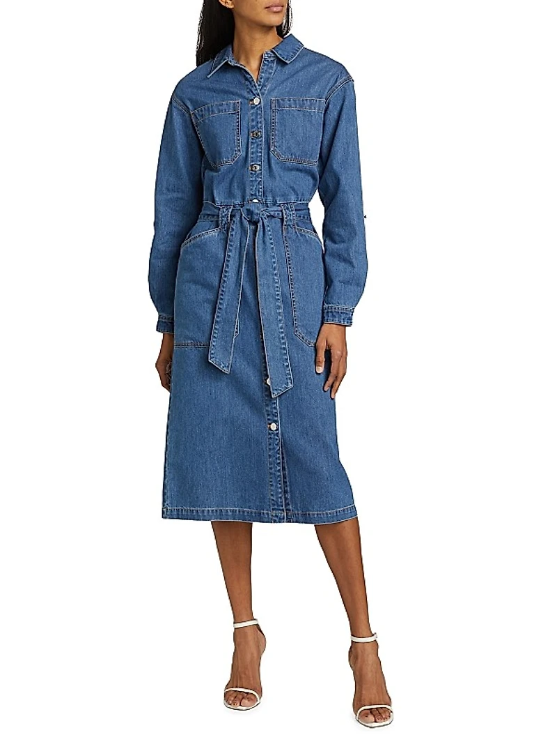 Evelyn Tie-Waist Denim Midi-Dress