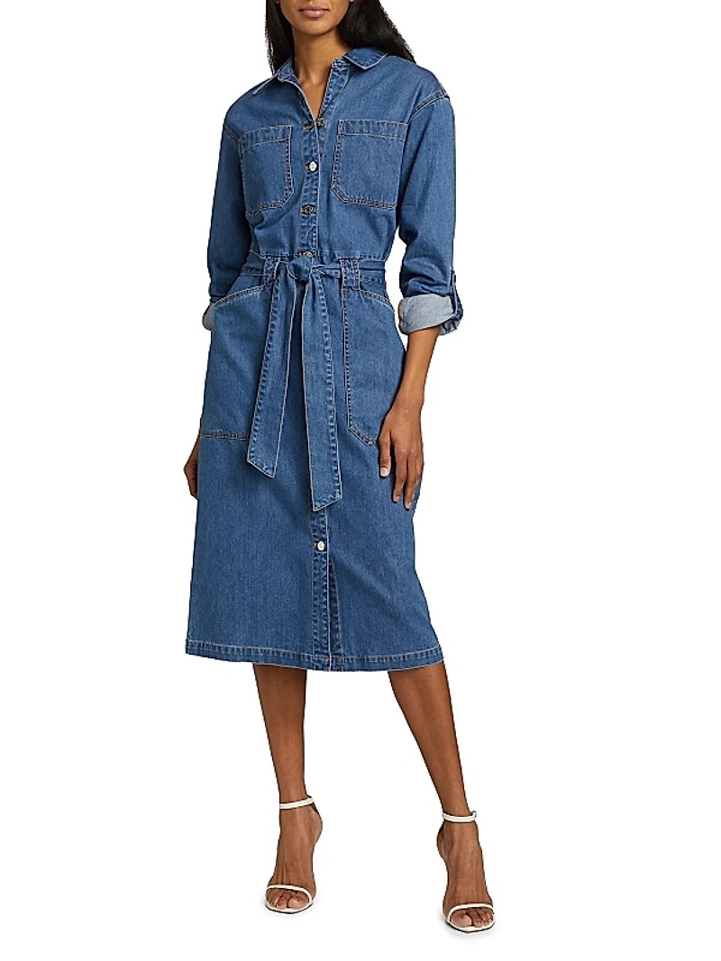 Evelyn Tie-Waist Denim Midi-Dress