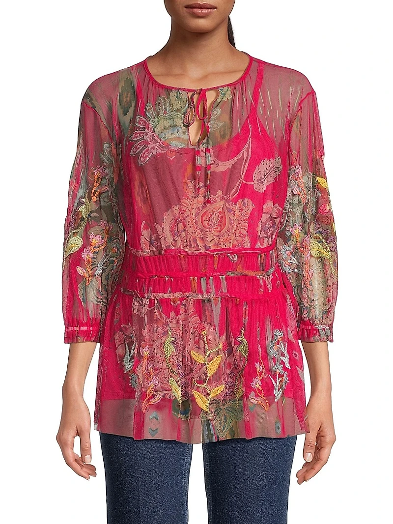 Feather Lark Floral Tieneck Blouse