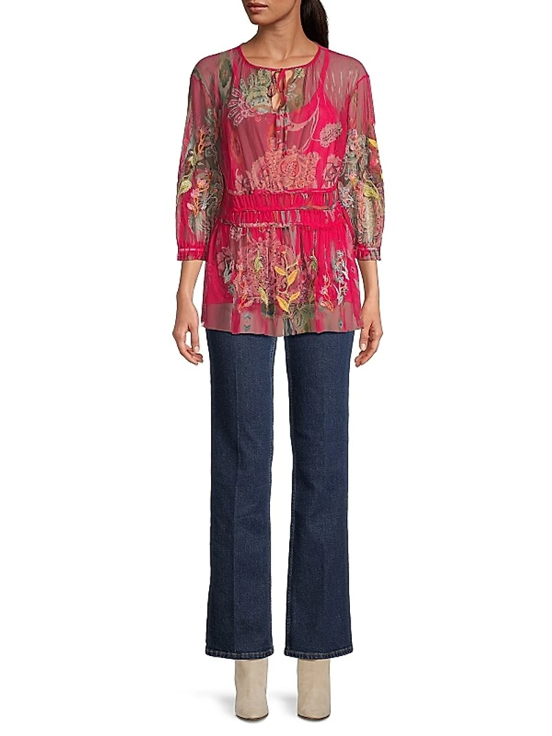 Feather Lark Floral Tieneck Blouse