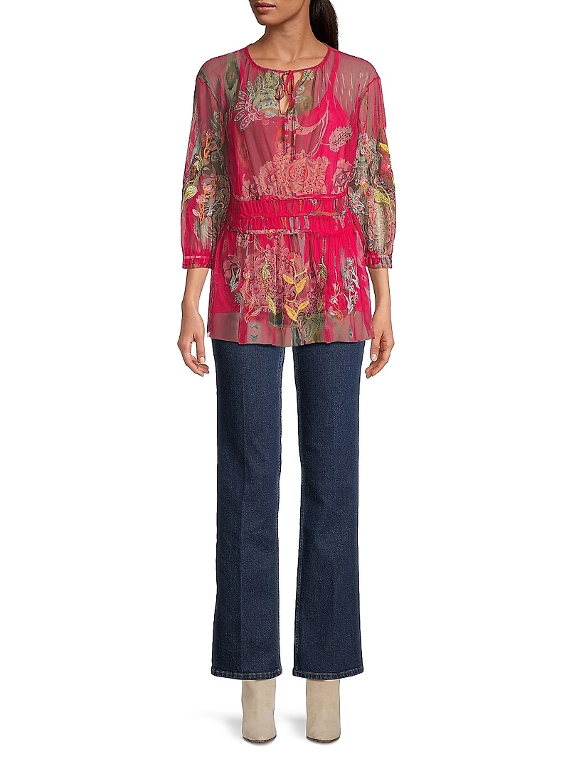 Feather Lark Floral Tieneck Blouse